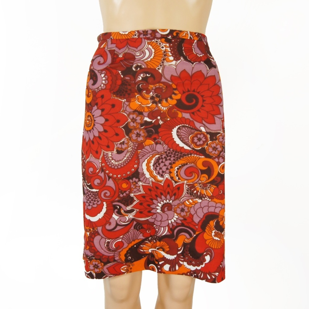 Vintage 60s Mod Retro Red Pink Floral Paisley Midi Skirt